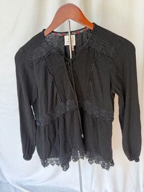 Knox Rose Black Lace-Trim Henley Blouse